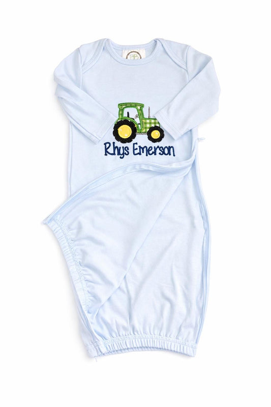 Personalized Baby Gown Set with Tractor Embroidery | Monogrammed Infant Gown & Bib | Heirloom Baby Gift | Classic Southern Baby Outfit