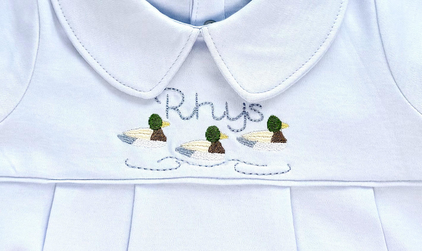 Personalized Boys Short Sleeve Pleated Cotton Bubble Romper Peter Pan Collar- Blue