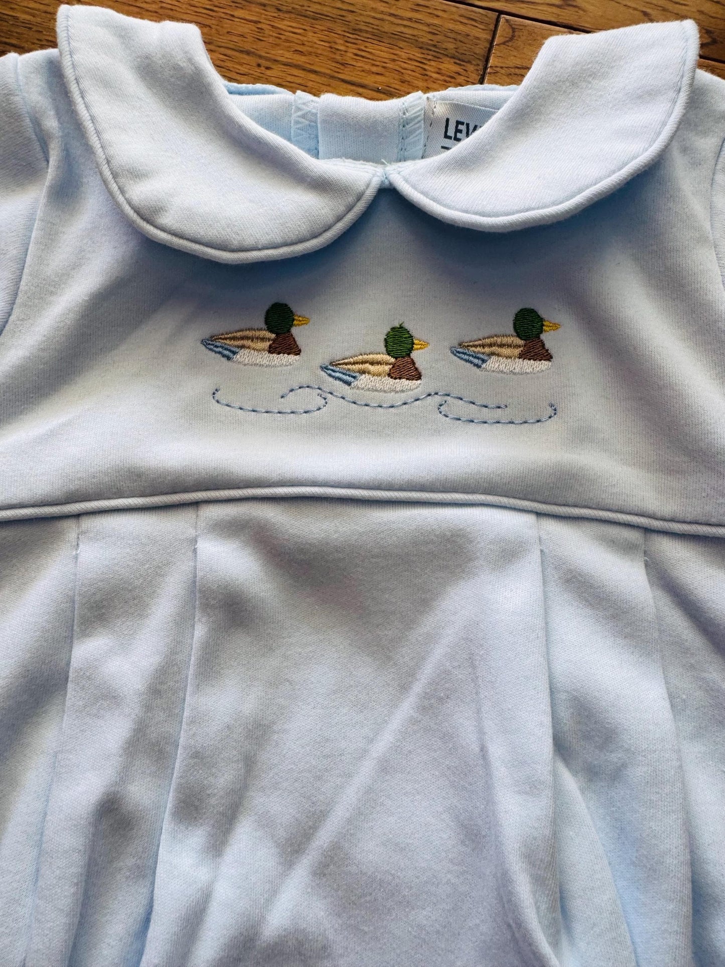 Baby Boy Bubble Romper – Light Blue with Ducks Embroidery, Classic Peter Pan Collar