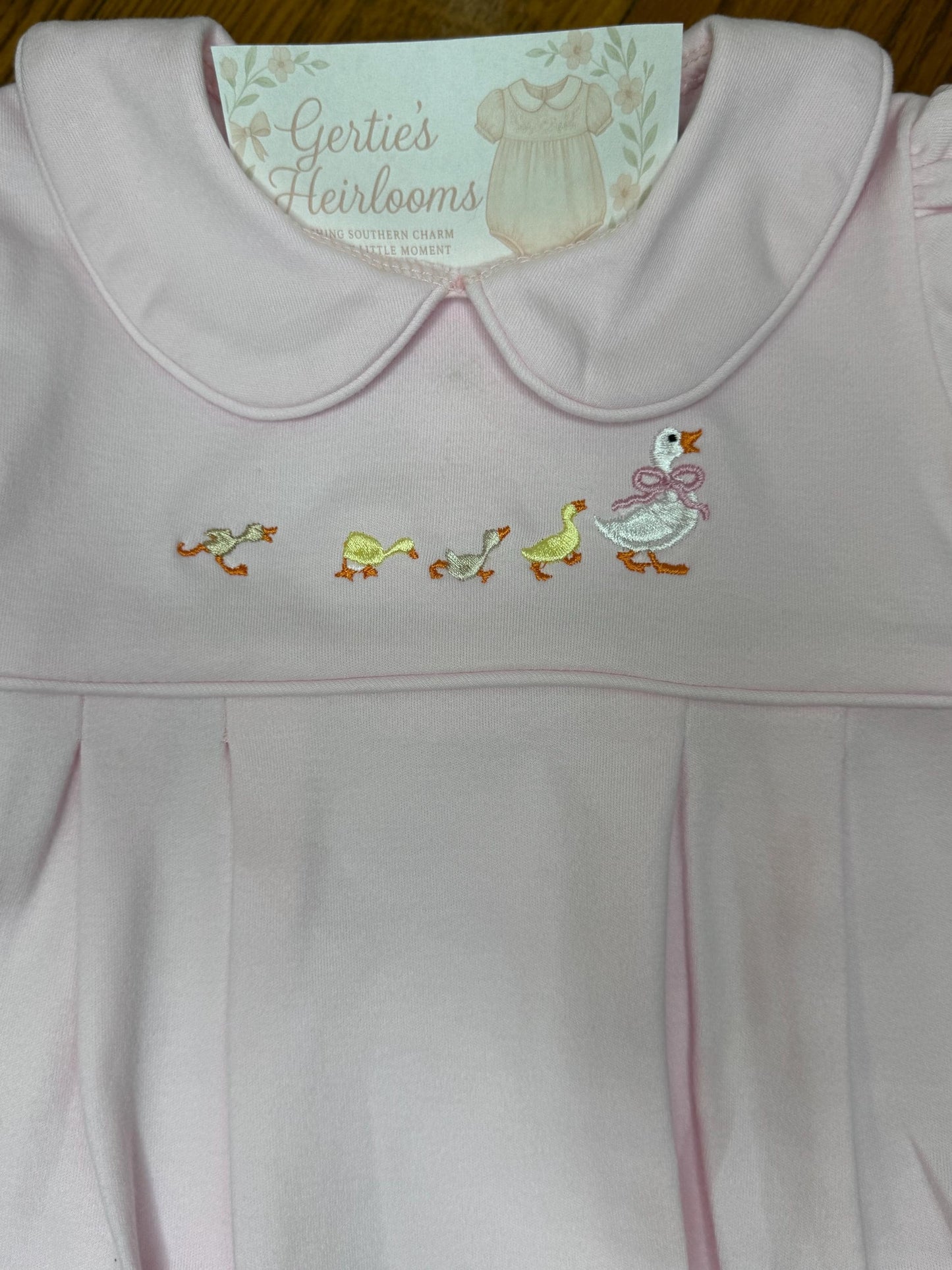Baby Girl Pink Bubble Romper with Embroidered Duck Parade – Vintage Southern Heirloom Style