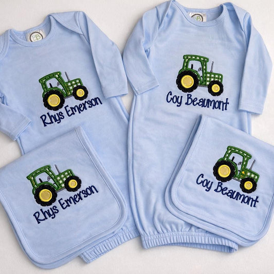 Personalized Baby Gown Set with Tractor Embroidery | Monogrammed Infant Gown & Bib | Heirloom Baby Gift | Classic Southern Baby Outfit