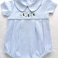 Boys Short Sleeve Pleated Cotton Bubble Romper Peter Pan Collar- Blue