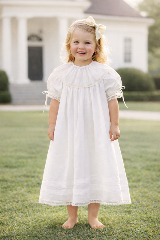 "Handmade heirloom bishop dress in white imperial batiste with French val lace insertion, entredeaux seams, and ribbon tie sleeves, by Gertie's Heirlooms"