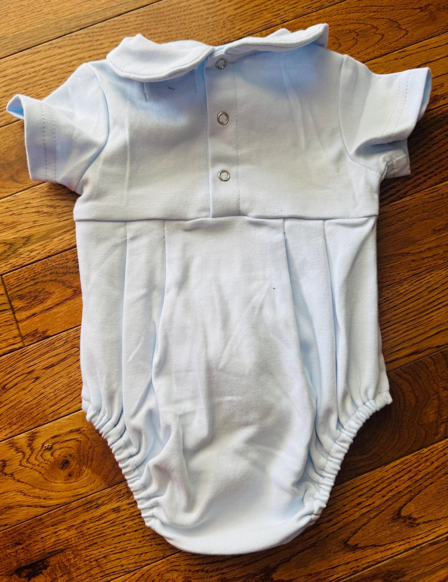 Baby Boy Bubble Romper – Light Blue with Ducks Embroidery, Classic Peter Pan Collar