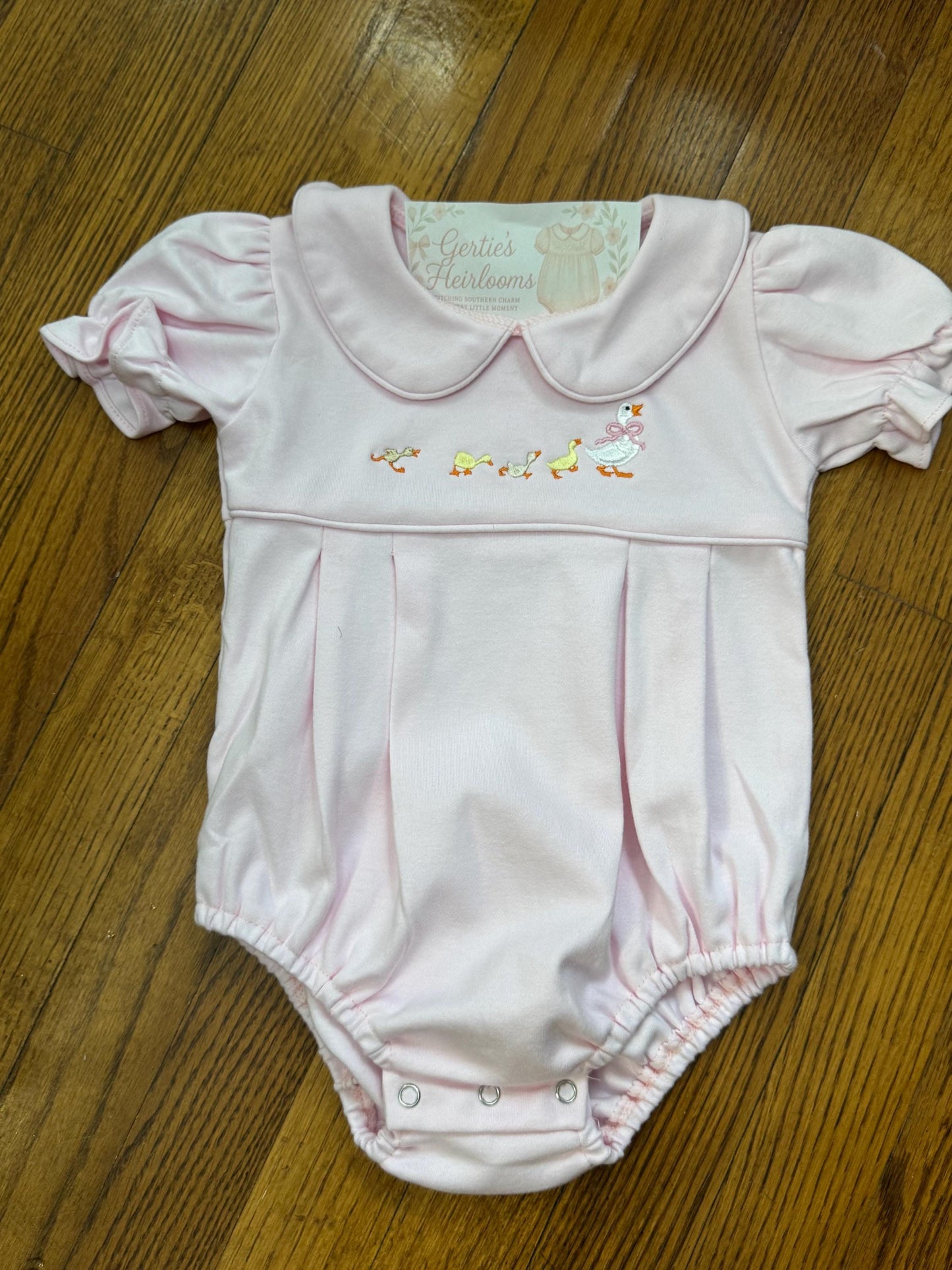 Baby Girl Pink Bubble Romper with Embroidered Duck Parade – Vintage Southern Heirloom Style