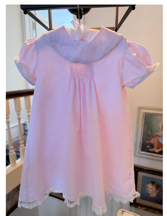 Girls' Pink Hand-Smocked Heirloom Dress | Cotton Twill & French Val Lace | Sizes 6M–8