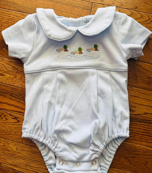 Baby Boy Bubble Romper – Light Blue with Ducks Embroidery, Classic Peter Pan Collar