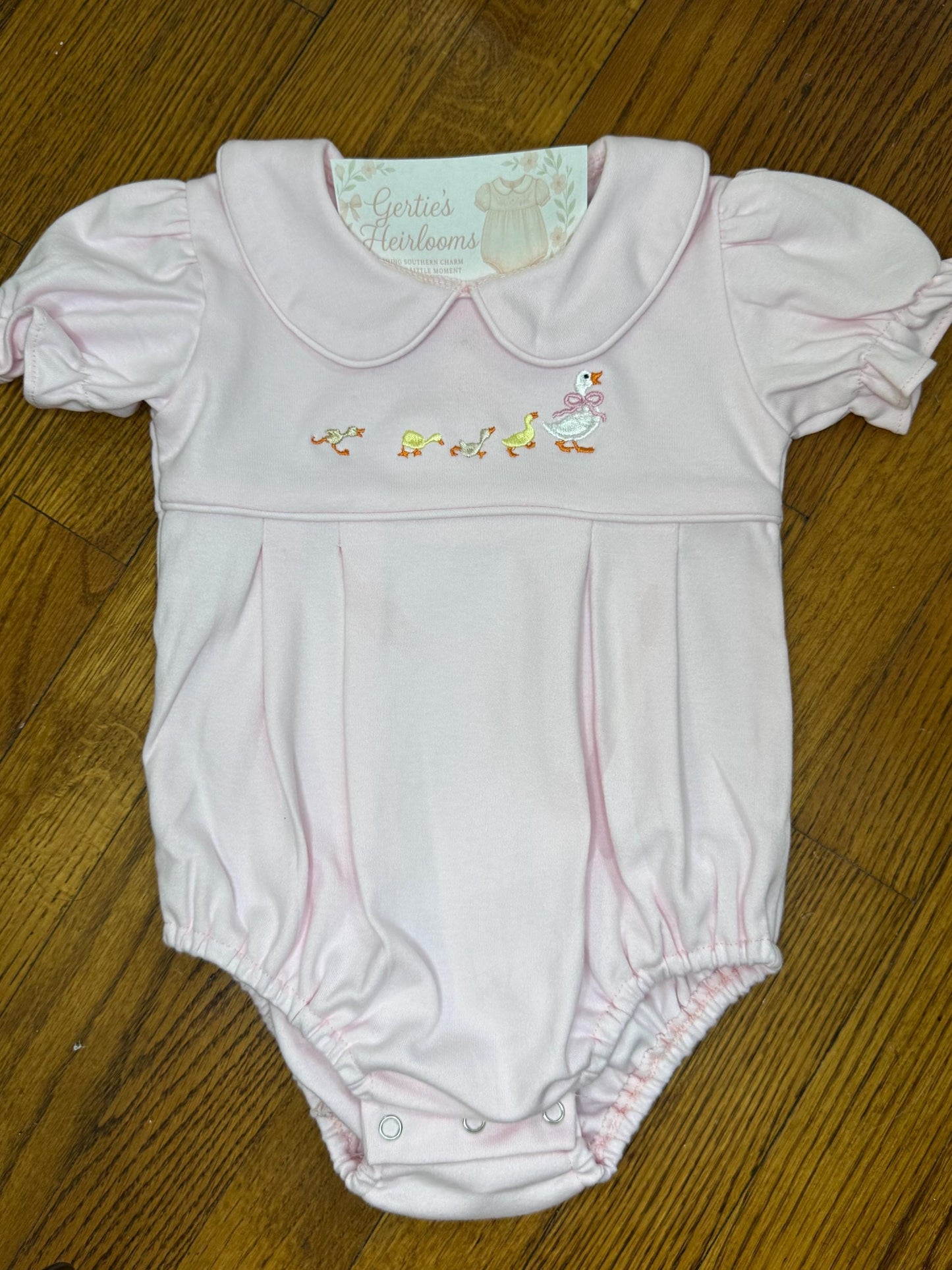 Baby Girl Pink Bubble Romper with Embroidered Duck Parade – Vintage Southern Heirloom Style