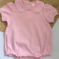Baby Girl  Cotton Bubble Romper with Puff Sleeves and Peter Pan Collar - Custom Embroidery -  Pink