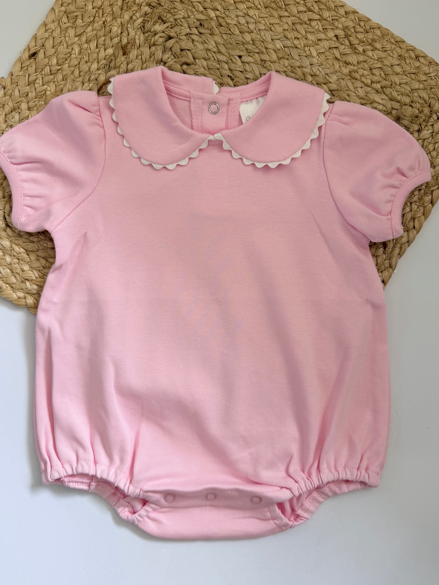 Baby Girl  Cotton Bubble Romper with Puff Sleeves and Peter Pan Collar - Custom Embroidery -  Pink