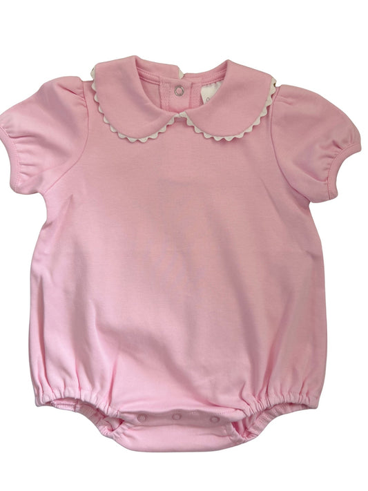 Baby Girl  Cotton Bubble Romper with Puff Sleeves and Peter Pan Collar - Custom Embroidery -  Pink