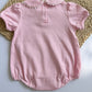 Baby Girl  Cotton Bubble Romper with Puff Sleeves and Peter Pan Collar - Custom Embroidery -  Pink