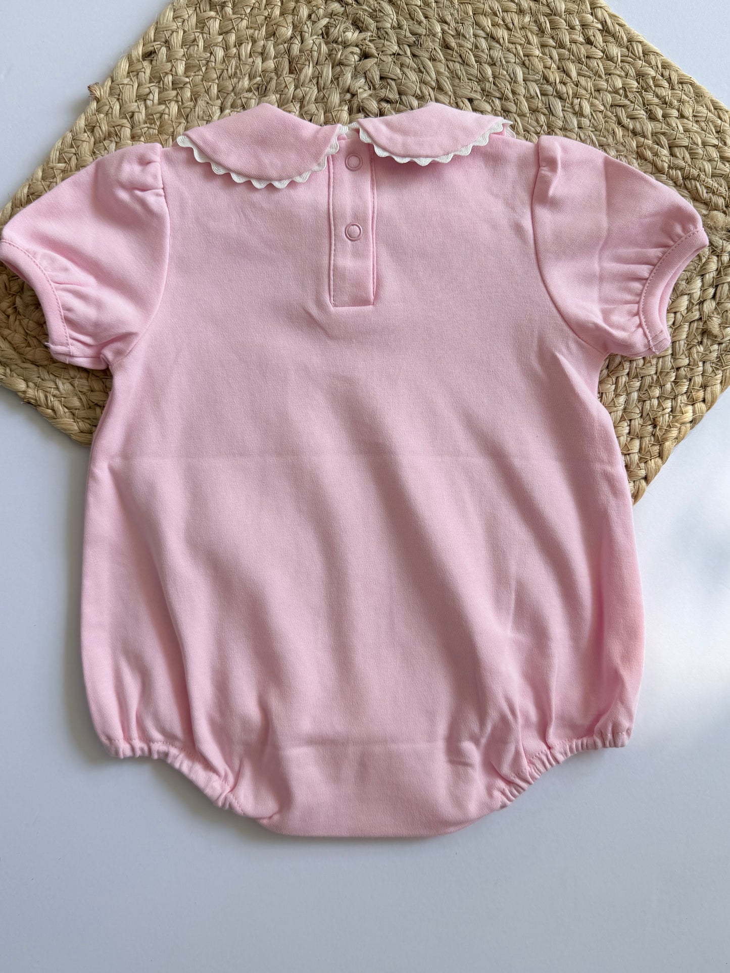 Baby Girl  Cotton Bubble Romper with Puff Sleeves and Peter Pan Collar - Custom Embroidery -  Pink