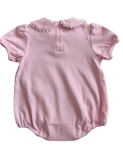Baby Girl  Cotton Bubble Romper with Puff Sleeves and Peter Pan Collar - Custom Embroidery -  Pink