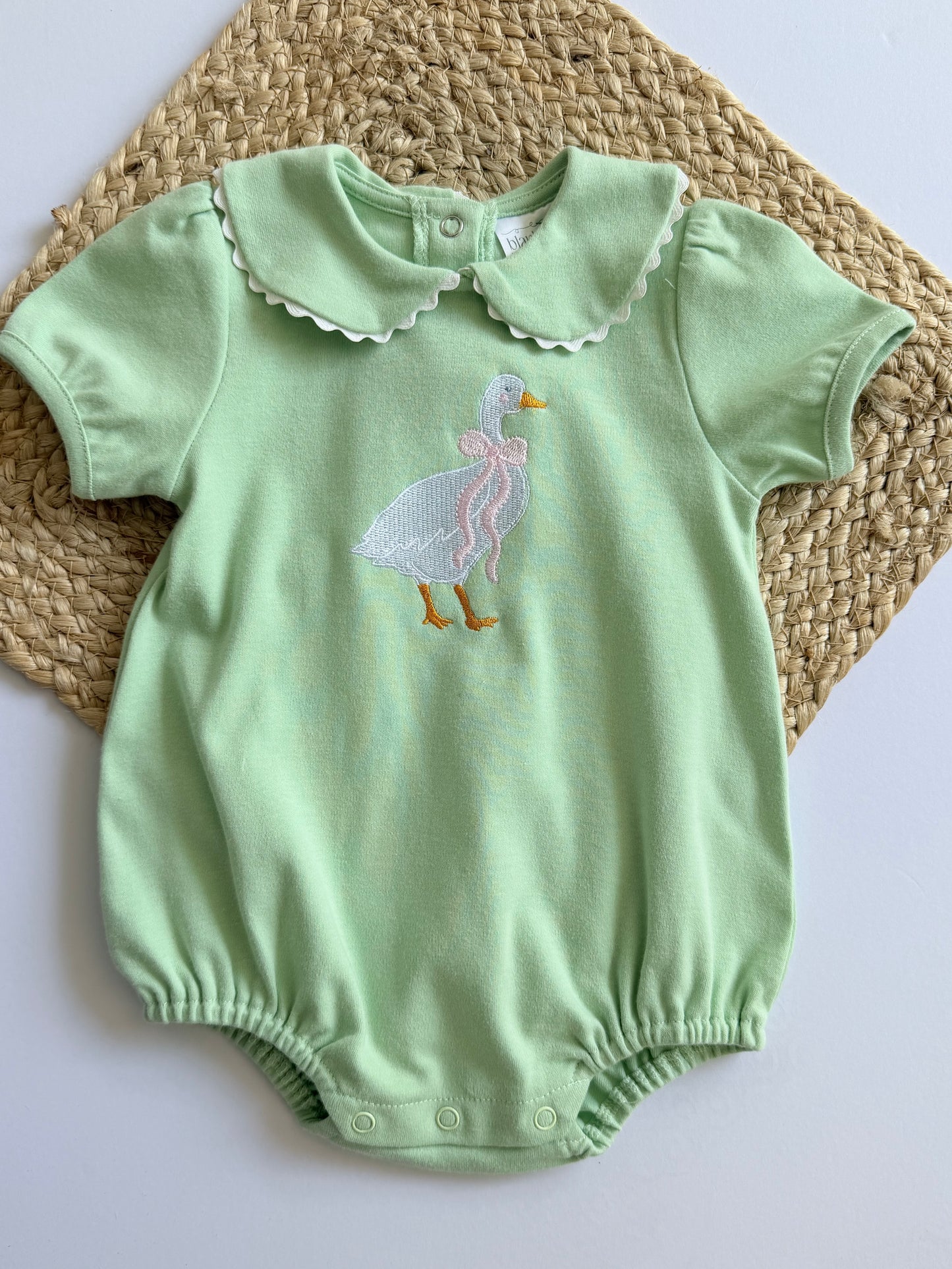 Baby Girl Cotton Bubble Romper with Puff Sleeves and Peter Pan Collar - Custom Embroidery - Green