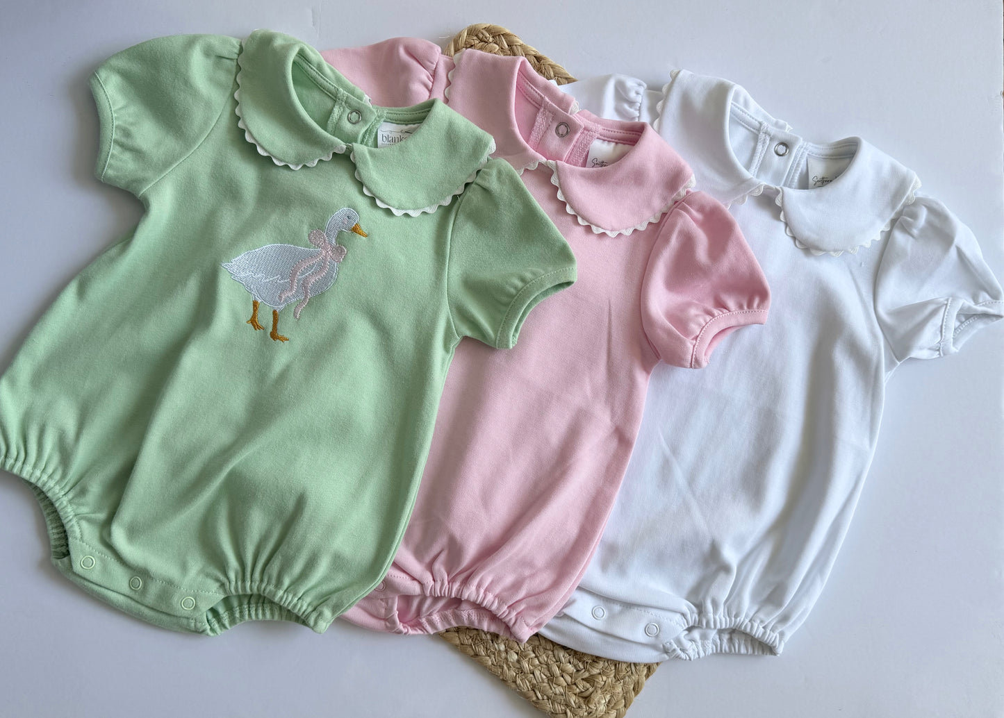 Baby Girl Cotton Bubble Romper with Puff Sleeves and Peter Pan Collar - Custom Embroidery - Green