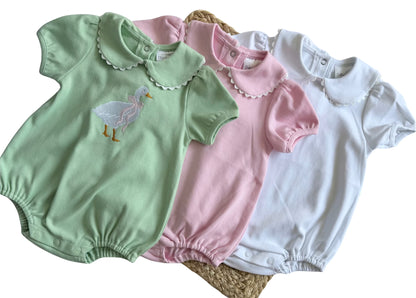 Baby Girl  Cotton Bubble Romper with Puff Sleeves and Peter Pan Collar - Custom Embroidery -  Pink