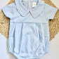 Boys Short Sleeve Pleated Cotton Bubble Romper Peter Pan Collar- Blue