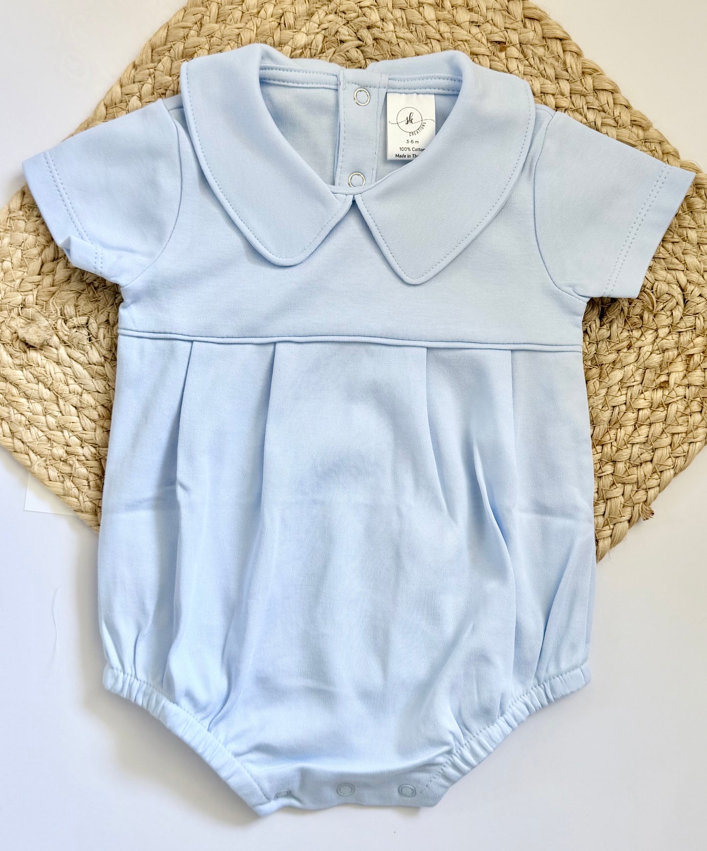 Boys Short Sleeve Pleated Cotton Bubble Romper Peter Pan Collar- Blue