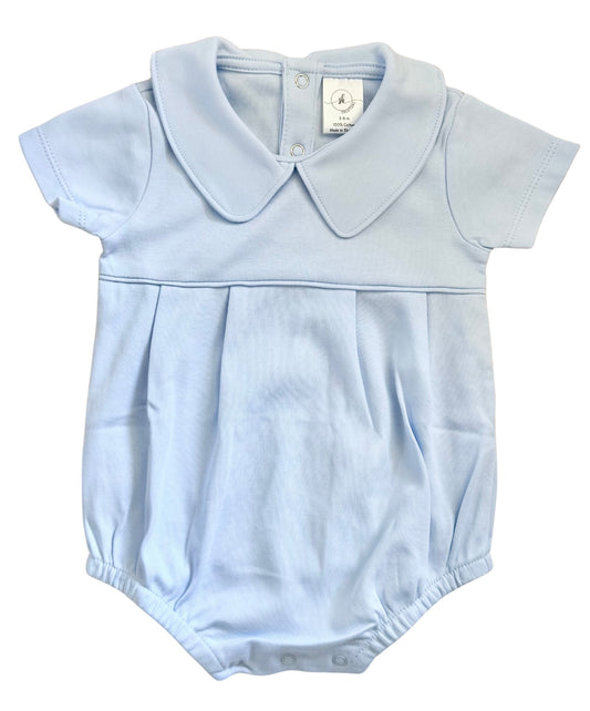 Light blue baby romper bubble with a Peter pan collar.  