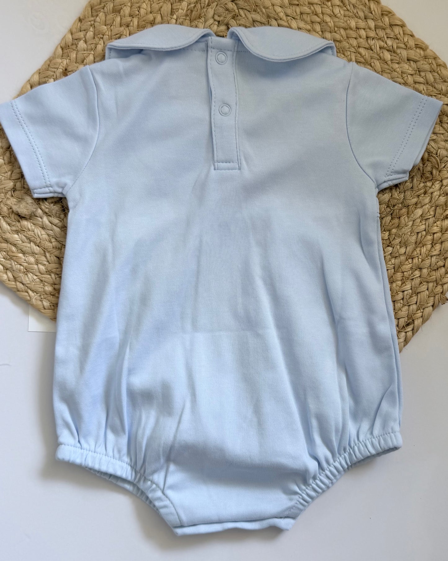 Boys Short Sleeve Pleated Cotton Bubble Romper Peter Pan Collar- Blue
