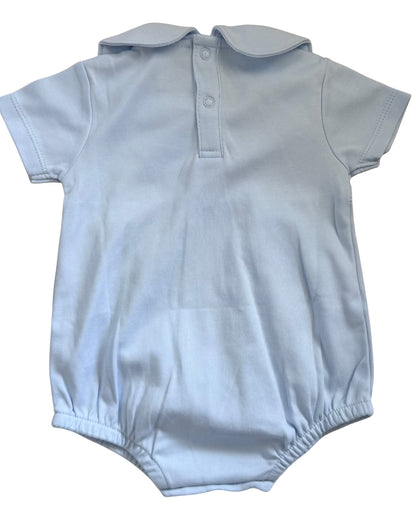 Personalized Boys Short Sleeve Pleated Cotton Bubble Romper Peter Pan Collar- Blue