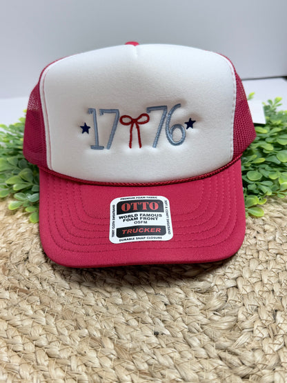 1776 Embroidered Bow Trucker Hat — Patriotic Red White & Blue