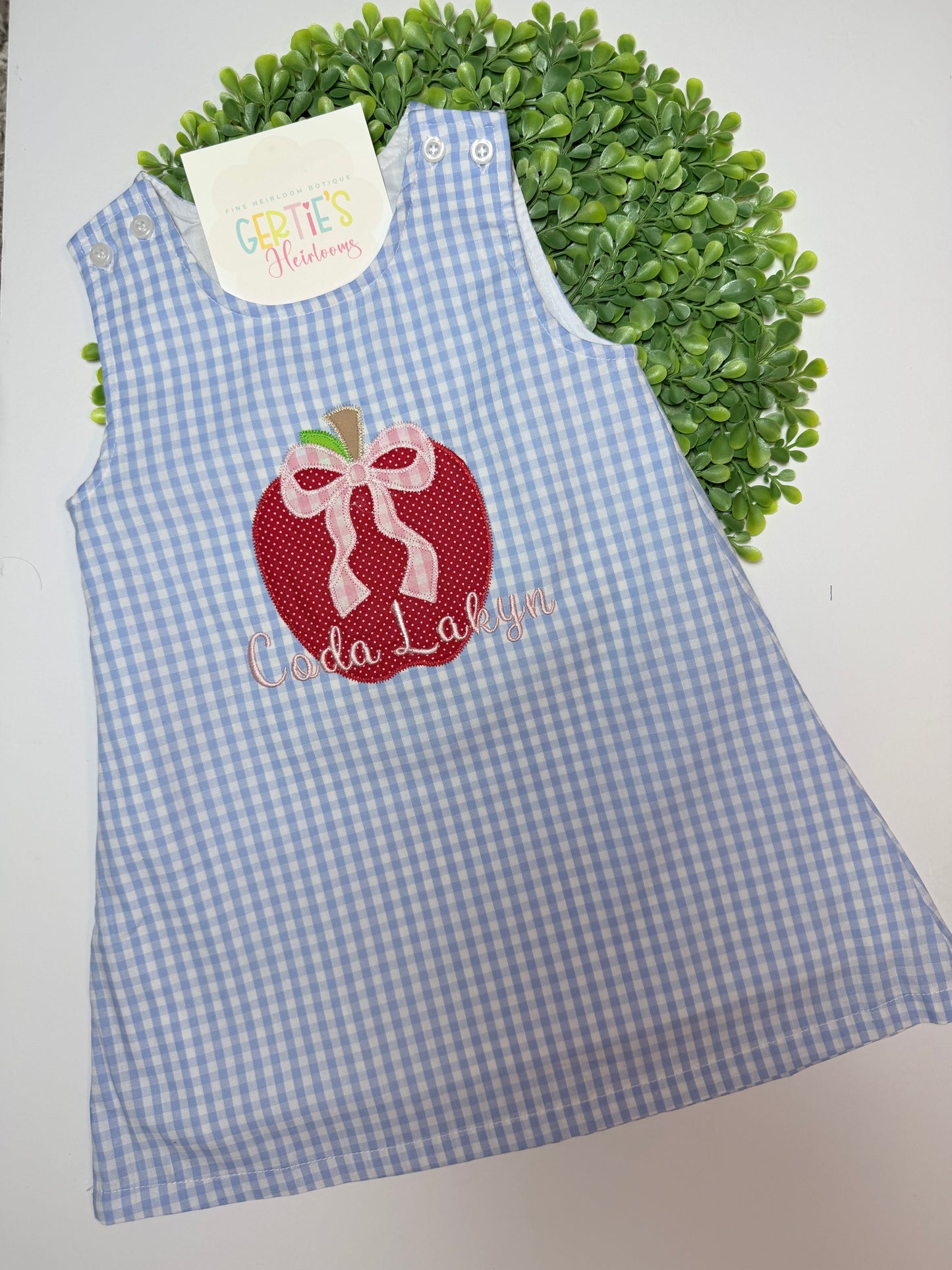 Back to School Personalized Blue Gingham A-Line Dress with Apple and Bow