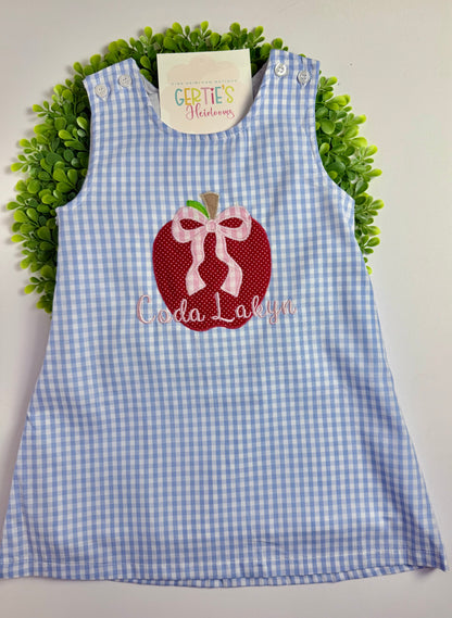 Back to School Personalized Blue Gingham A-Line Dress with Apple and Bow