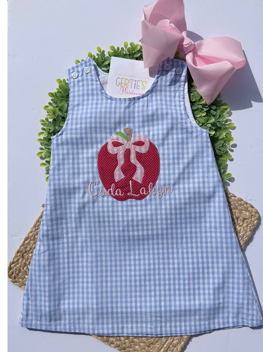 Back to School Personalized Blue Gingham A-Line Dress with Apple and Bow