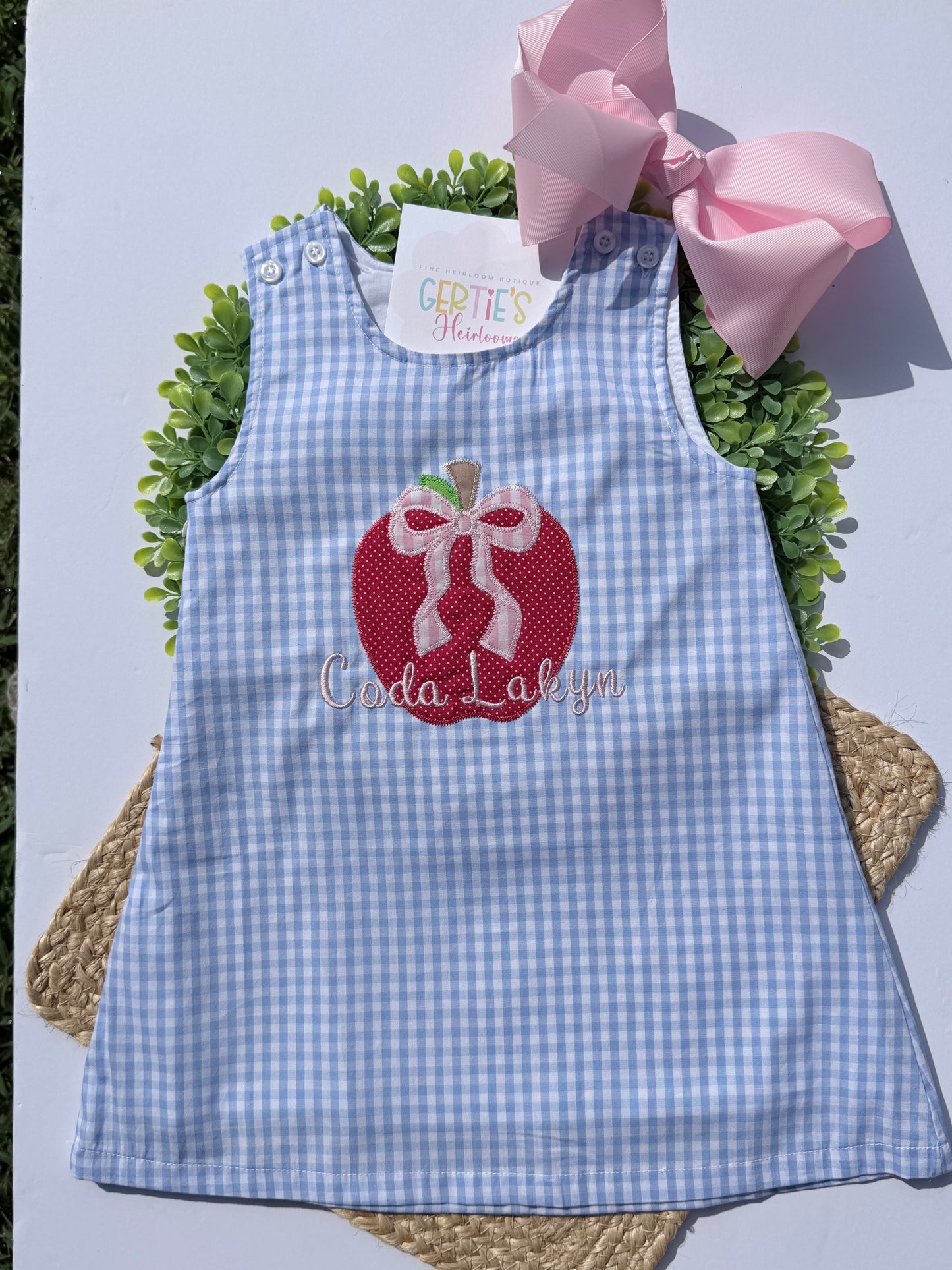 Back to School Personalized Blue Gingham A-Line Dress with Apple and Bow