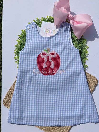 Back to School Personalized Blue Gingham A-Line Dress with Apple and Bow