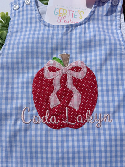 Back to School Personalized Blue Gingham A-Line Dress with Apple and Bow