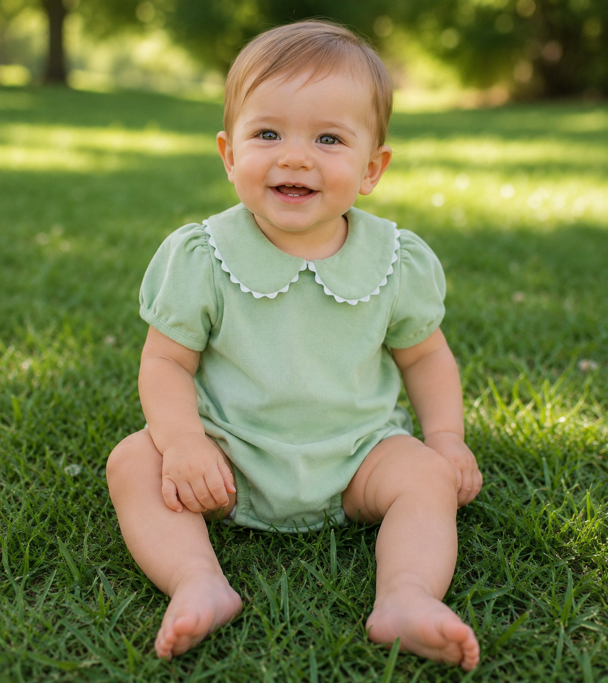 baby sitting in the grass wearing a personalized soft knit green bubble with rickrack trim on the peterpan collar