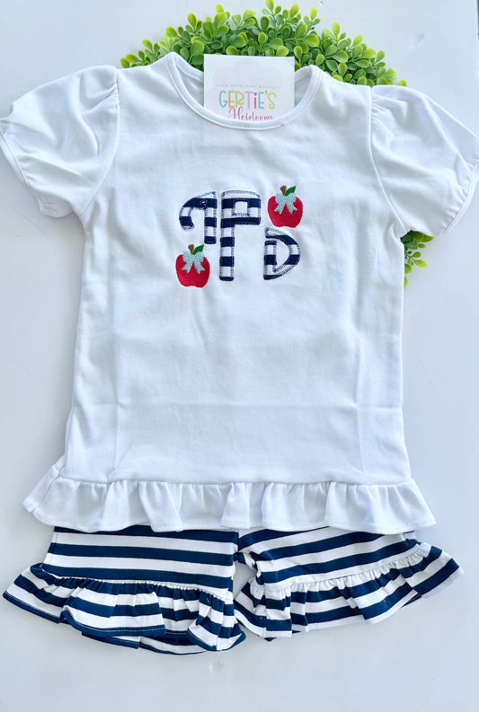 Personalized Girls Back-to-School Apple Monogram Ruffle Short Set