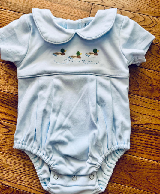 Baby Boy Bubble Romper – Light Blue with Ducks Embroidery, Classic Peter Pan Collar