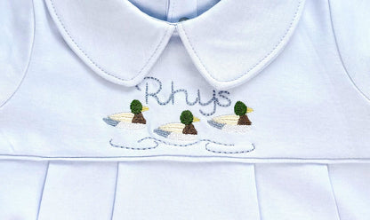 Personalized Boys Short Sleeve Pleated Cotton Bubble Romper Peter Pan Collar- Blue