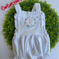 Girls White Cotton Knit Sunsuit with Ruffle Trim | Vintage Style | Custom Embroidery