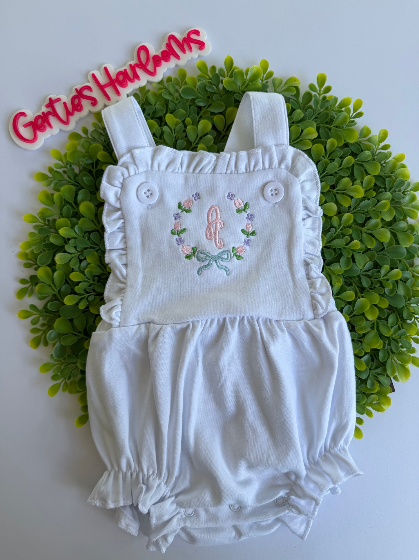 Girls White Cotton Knit Sunsuit with Ruffle Trim | Vintage Style | Custom Embroidery