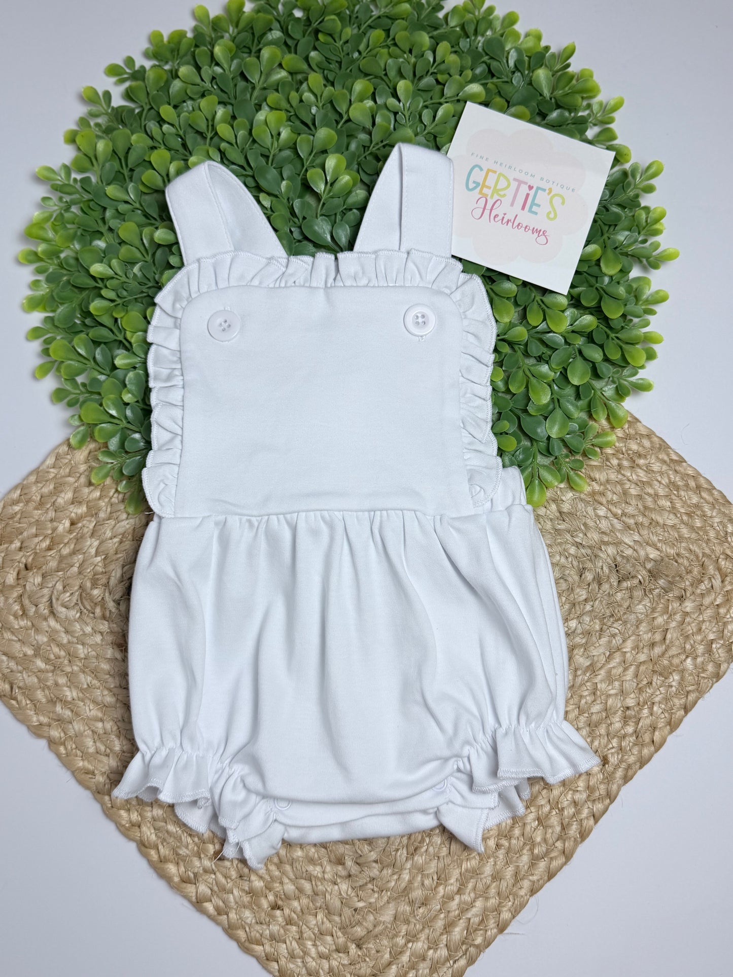 Girls White Cotton Knit Sunsuit with Ruffle Trim | Vintage Style | Custom Embroidery