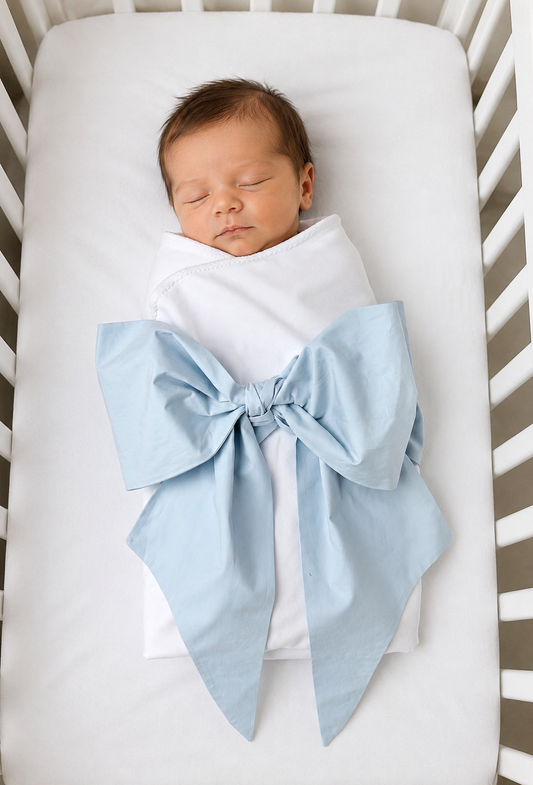 baby blue baby/maternity sash  with white receiving blanket.